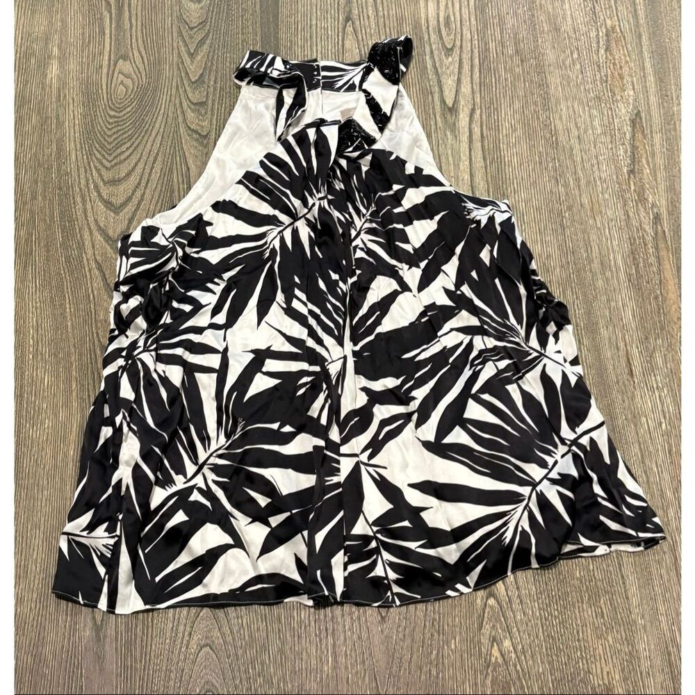 Hilo Hattie Womens High-Neck Halter Top Sleeveless Leaf Print Black White Sz XL